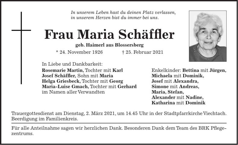 Traueranzeige Maria Schäffler