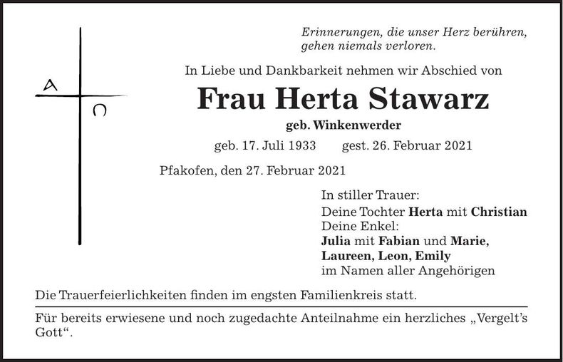 Traueranzeige Herta Stawartz