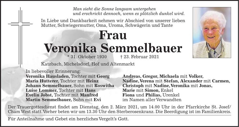Traueranzeige Veronika Semmelbauer