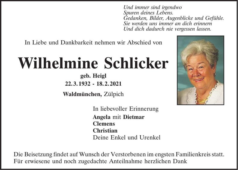 Traueranzeige Wilhelmine Schlicker