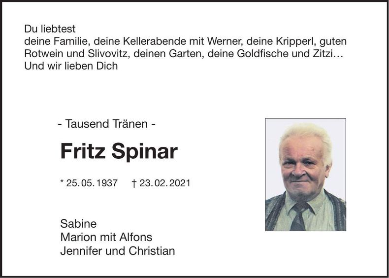 Traueranzeige Fritz Spinar
