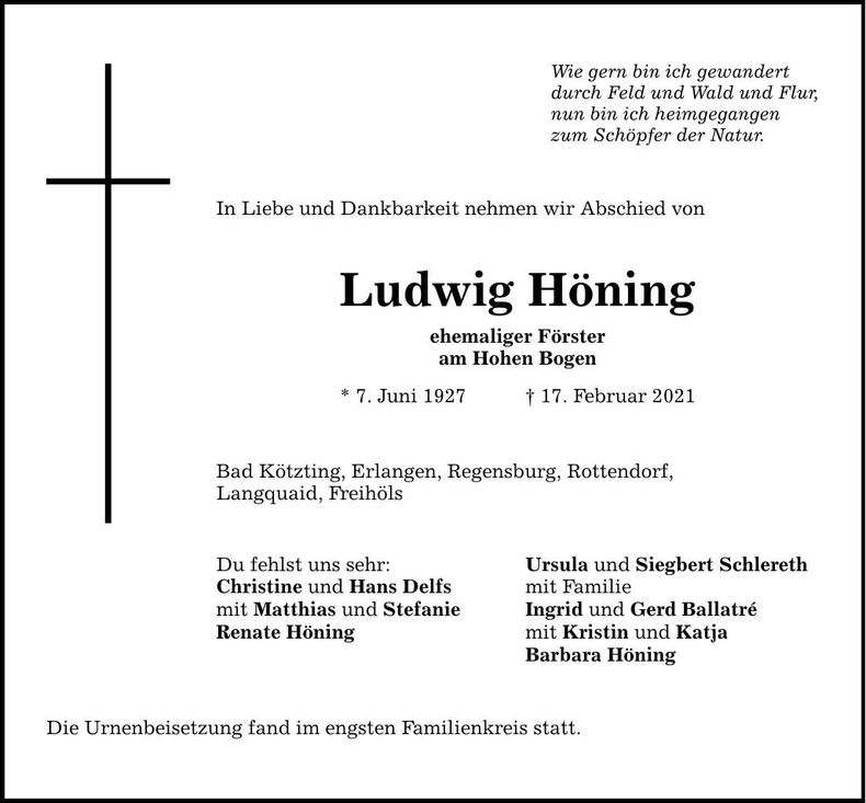 Traueranzeige Ludwig Höning