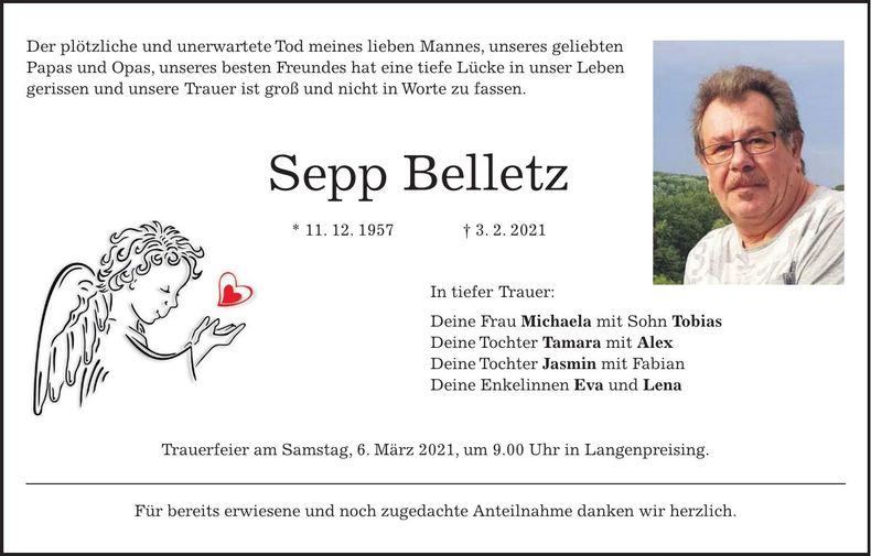 Traueranzeige Sepp Belletz