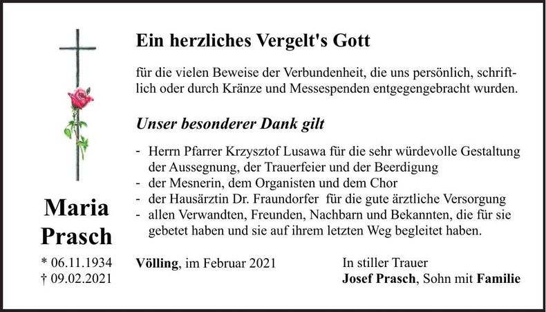 Traueranzeige Maria Prasch