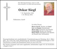 Traueranzeige Oskar Siegl