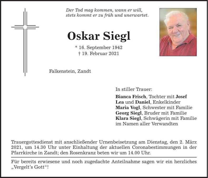 Traueranzeige Oskar Siegl