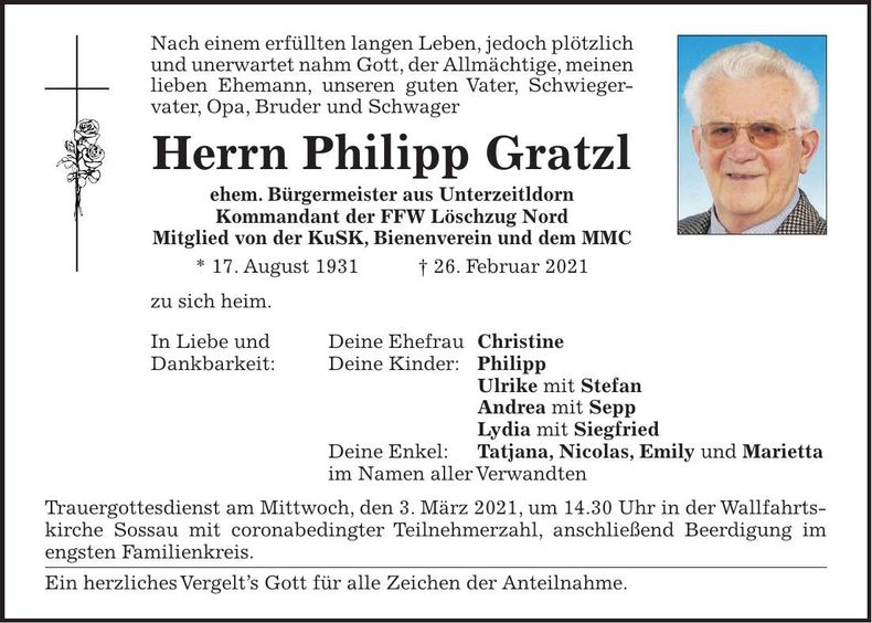 Traueranzeige Philipp Gratzl