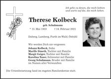 Traueranzeige Therese Kolbeck
