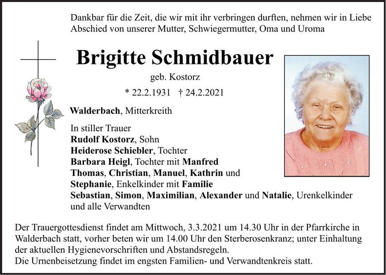 Traueranzeige Brigitte Schmidbauer