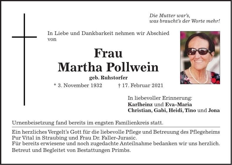 Traueranzeige Martha Pollwein