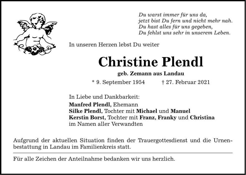 Traueranzeige Christine Plendl