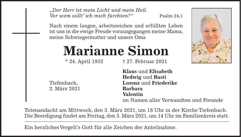 Traueranzeige Marianne Simon