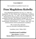 Traueranzeige Magdalena Kubella