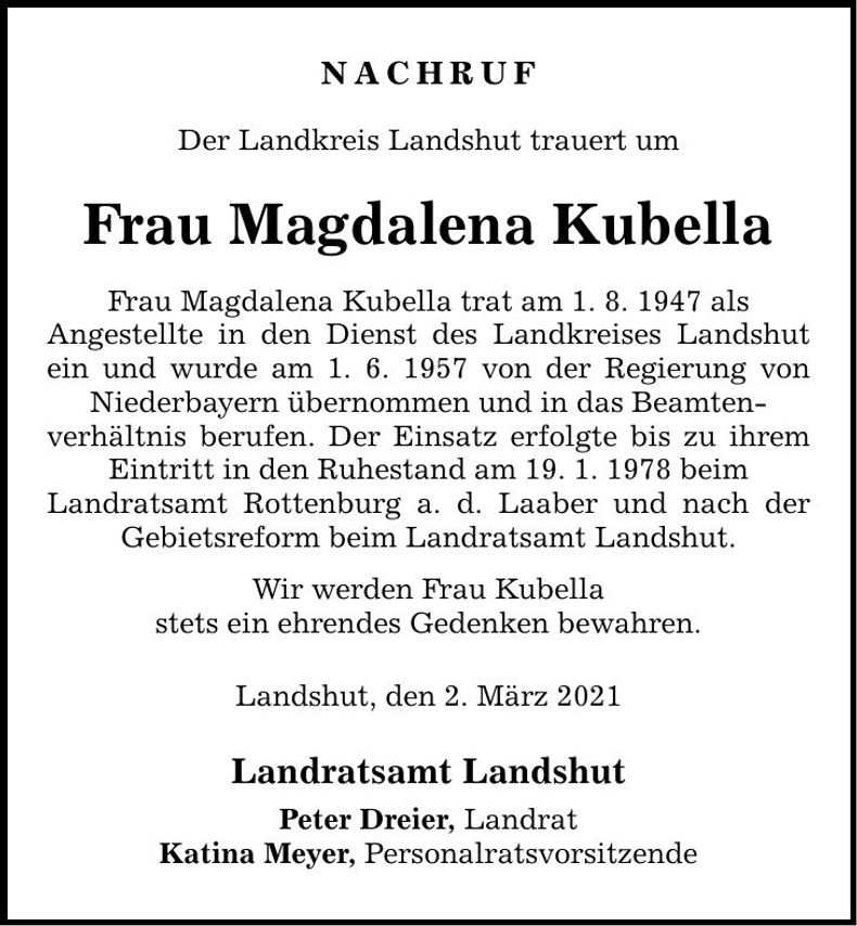 Traueranzeige Magdalena Kubella
