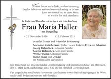Traueranzeige Maria Haller