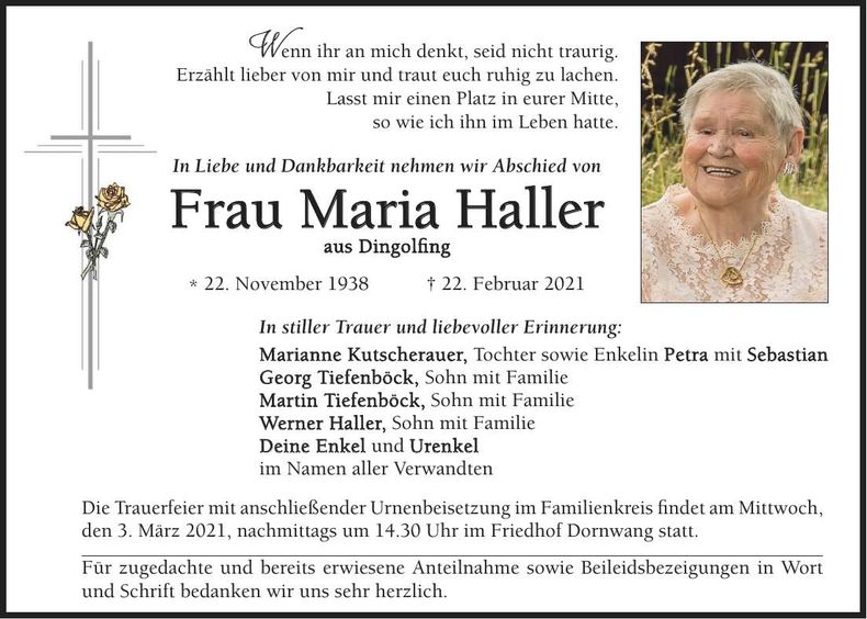 Traueranzeige Maria Haller