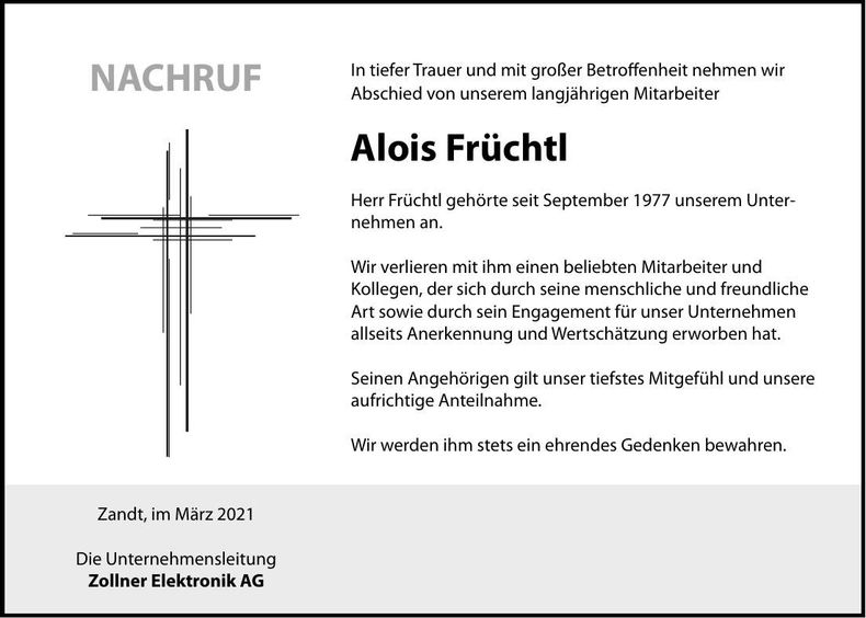 Traueranzeige Alois Früchtl