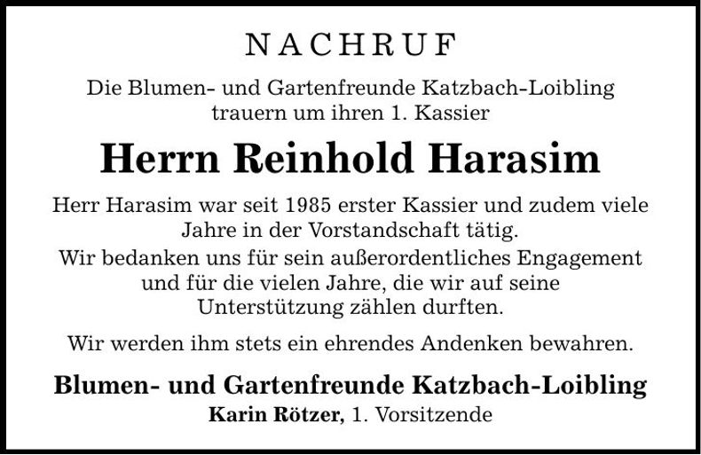 Traueranzeige Reinhold Harasim