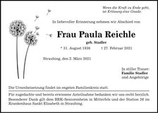 Traueranzeige Paula Reichle