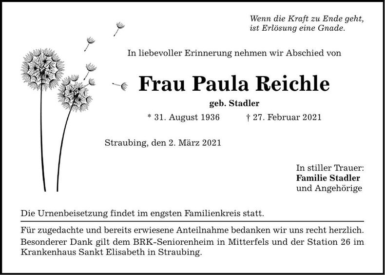 Traueranzeige Paula Reichle