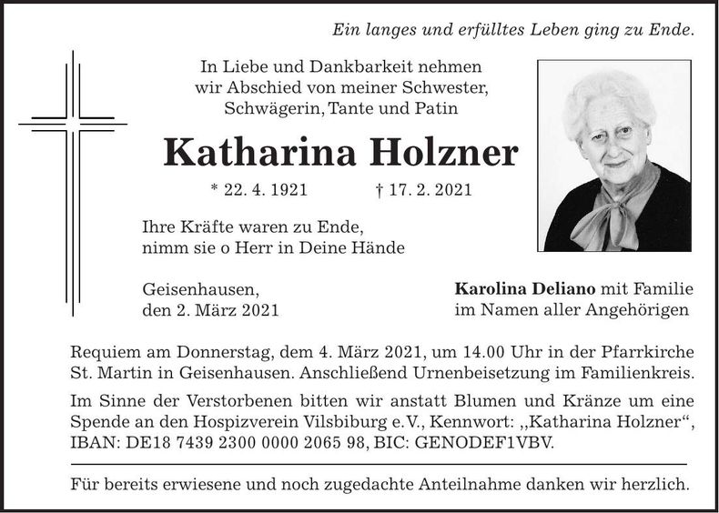 Traueranzeige Katharina Holzner