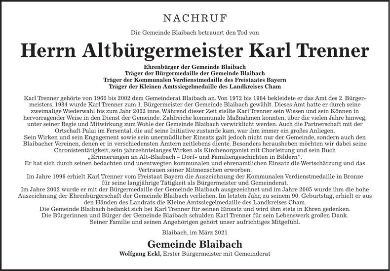 Traueranzeige Karl Trenner