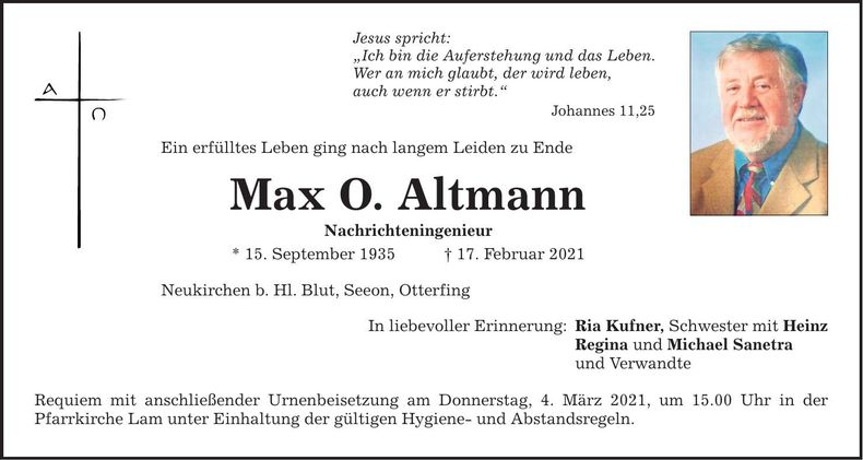 Traueranzeige Max O. Altmann