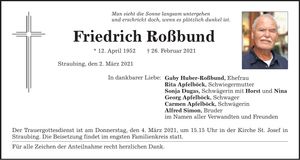 Traueranzeige Friedrich Roßbund