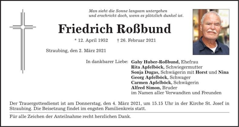 Traueranzeige Friedrich Roßbund