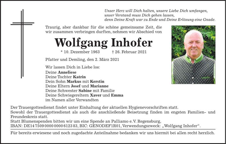 Traueranzeige Wolfgang Inhofer