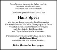 Traueranzeige Hans Speer