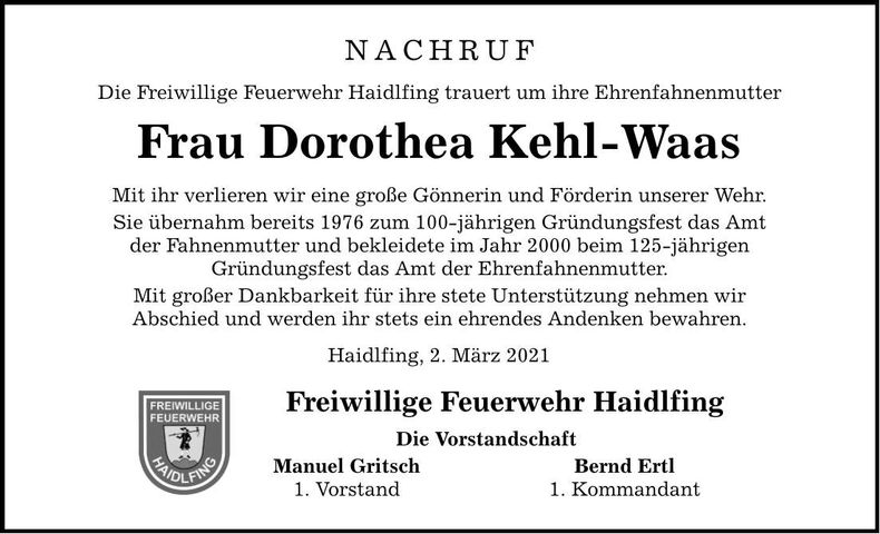 Traueranzeige Dorothea Kehl-Waas