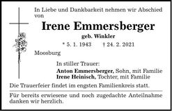 Traueranzeige Irene Emmersberger