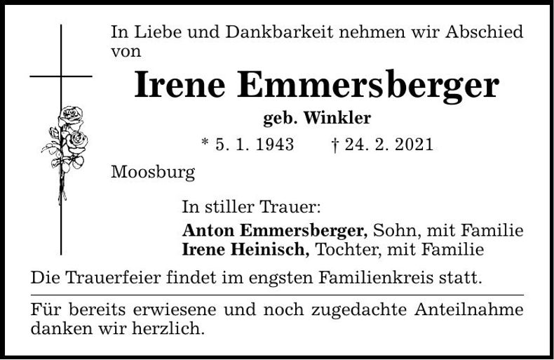 Traueranzeige Irene Emmersberger