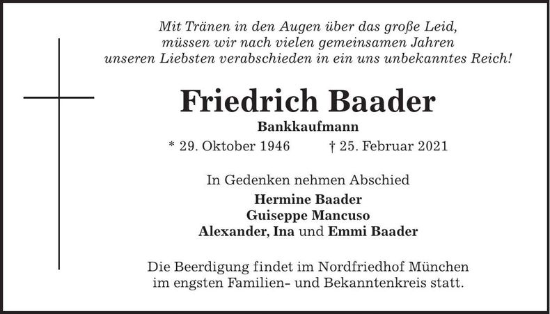 Traueranzeige Friedrich Baader