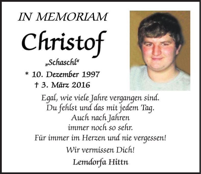 Traueranzeige Christof Grassl
