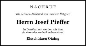 Traueranzeige Josef Pfeffer
