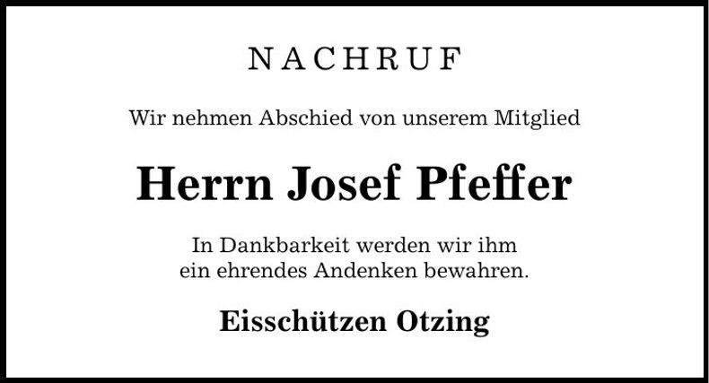 Traueranzeige Josef Pfeffer