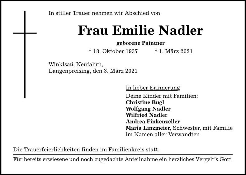 Traueranzeige Emilie Nadler
