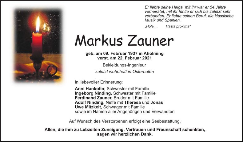 Traueranzeige Markus Zauner