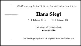 Traueranzeige Hans Siegl