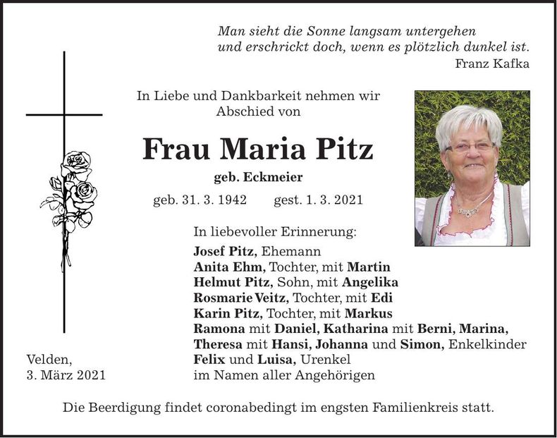 Traueranzeige Maria Pitz