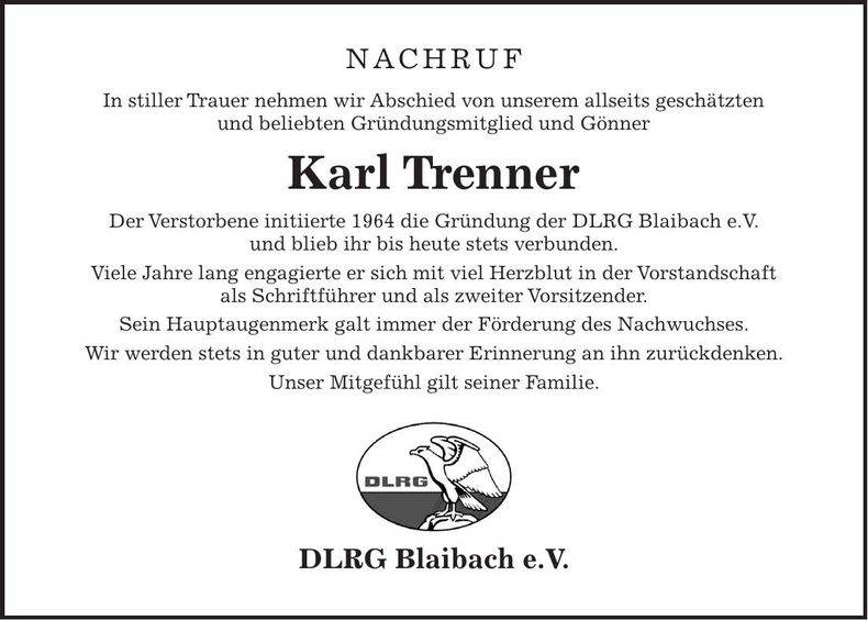 Traueranzeige Karl Trenner