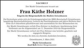 Traueranzeige Käthe Holzner