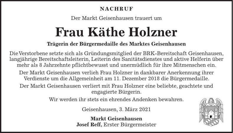 Traueranzeige Käthe Holzner