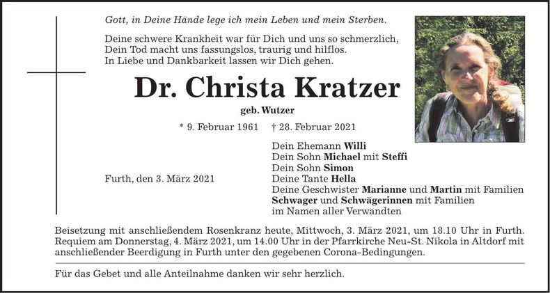 Traueranzeige Christa Kratzer
