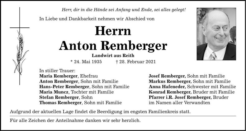 Traueranzeige Anton Remberger