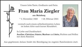 Traueranzeige Maria Ziegler