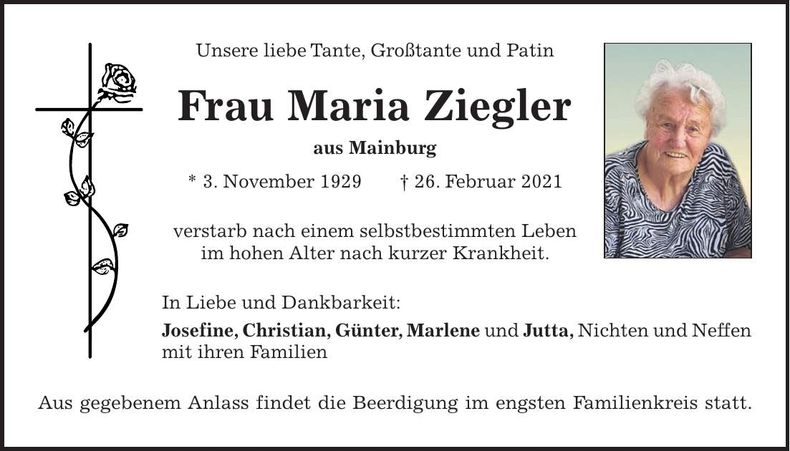 Traueranzeige Maria Ziegler