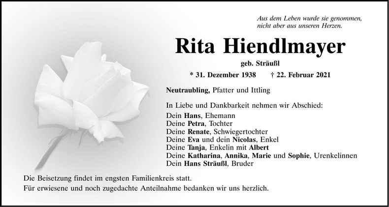 Traueranzeige Rita Hiendlmayer